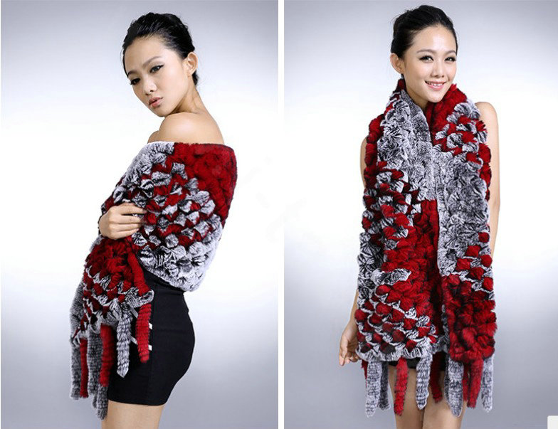 Genuine knitted thicken long Rex rabbit fur scarf shawl women winter warm tippet cape - Red
