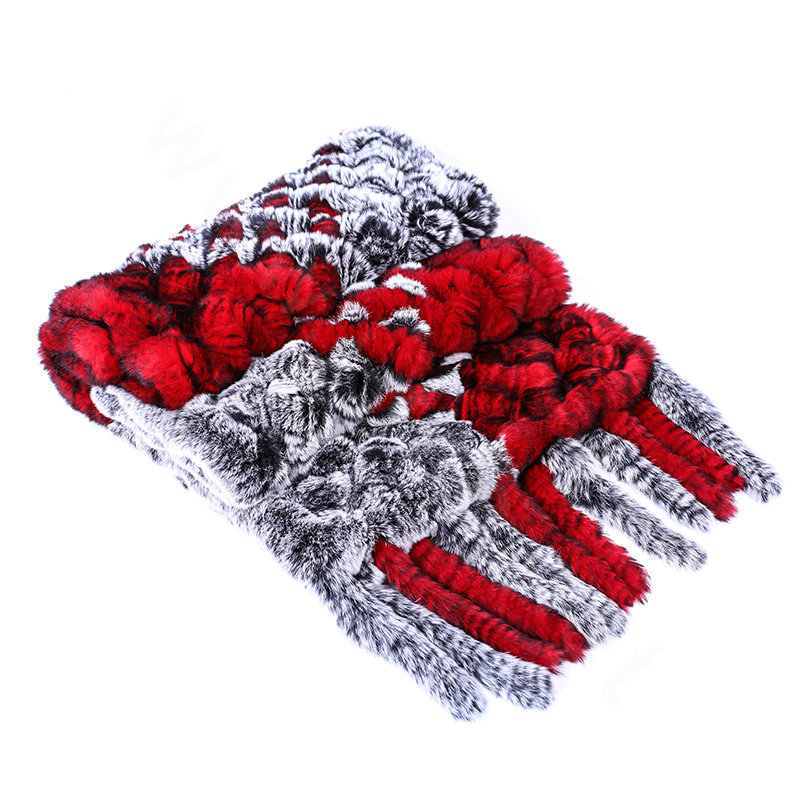 Genuine knitted thicken long Rex rabbit fur scarf shawl women winter warm tippet cape - Red