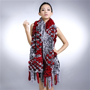 Genuine knitted thicken long Rex rabbit fur scarf shawl women winter warm tippet cape - Red
