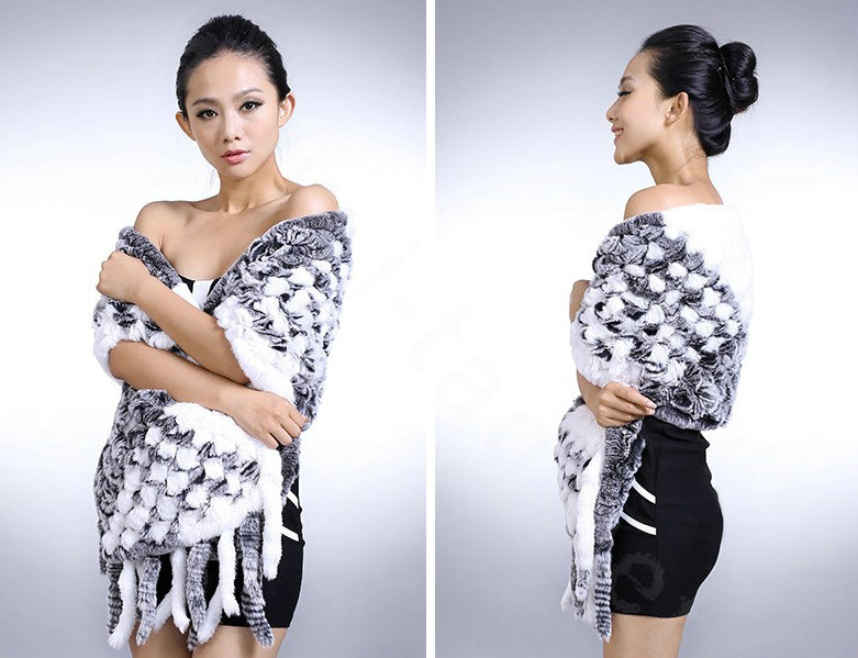 Genuine knitted thicken long Rex rabbit fur scarf shawl women winter warm tippet cape - White