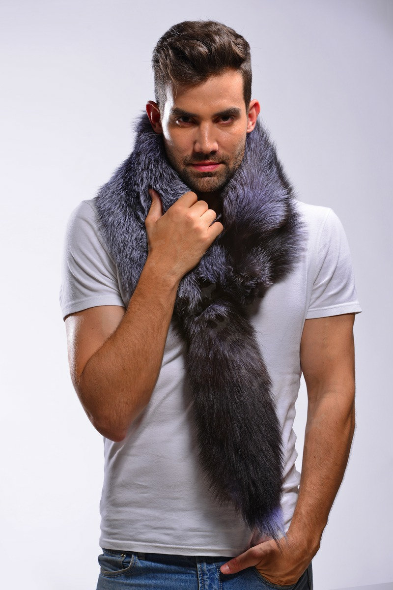 Luxury fox fur scarf Whole fox fur shawl fashion men winter warm tippet neck wrap - Silver blue