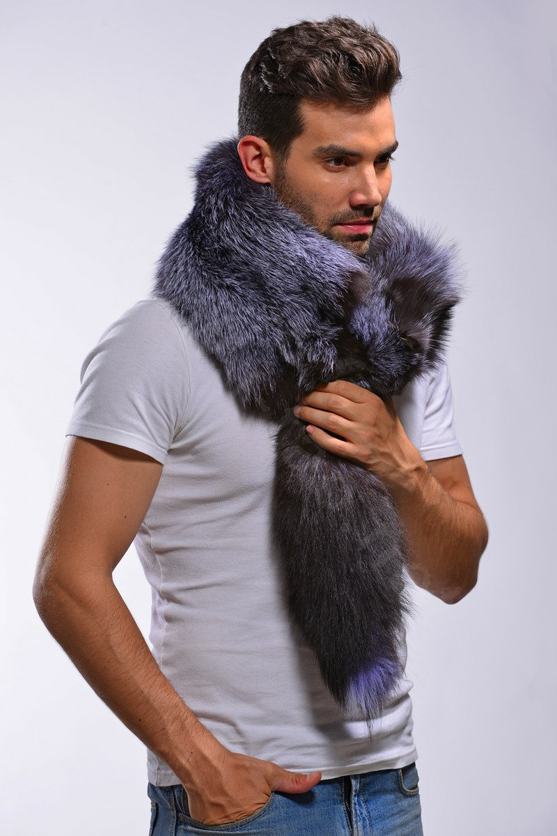 Luxury fox fur scarf Whole fox fur shawl fashion men winter warm tippet neck wrap - Silver blue
