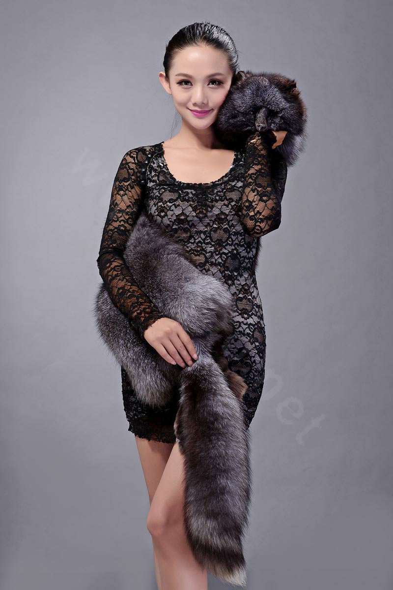 Luxury fox fur scarf fashion Women Whole fox fur shawl winter warm tippet neck wrap - Silver blue