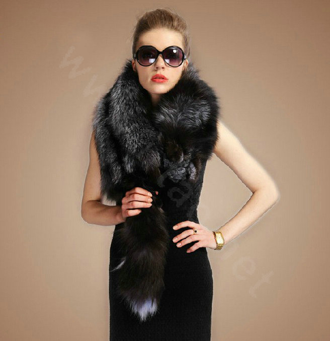 Luxury fox fur scarf fashion Women Whole fox fur shawl winter warm tippet neck wrap - Silver gray
