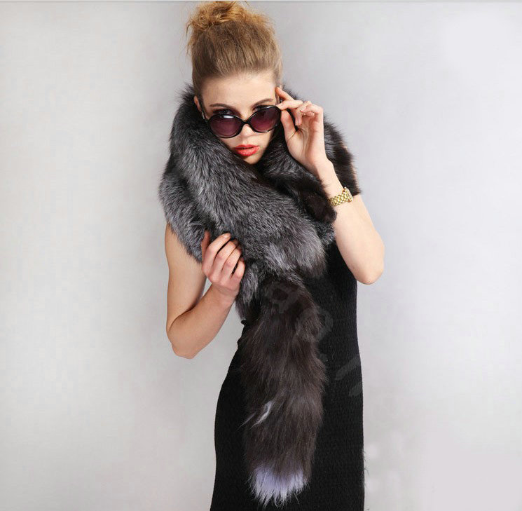 Luxury fox fur scarf fashion Women Whole fox fur shawl winter warm tippet neck wrap - Silver gray