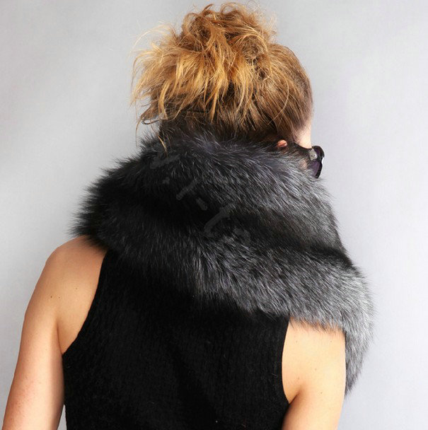 Luxury fox fur scarf fashion Women Whole fox fur shawl winter warm tippet neck wrap - Silver gray