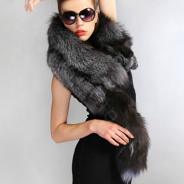 Luxury fox fur scarf fashion Women Whole fox fur shawl winter warm tippet neck wrap - Silver gray