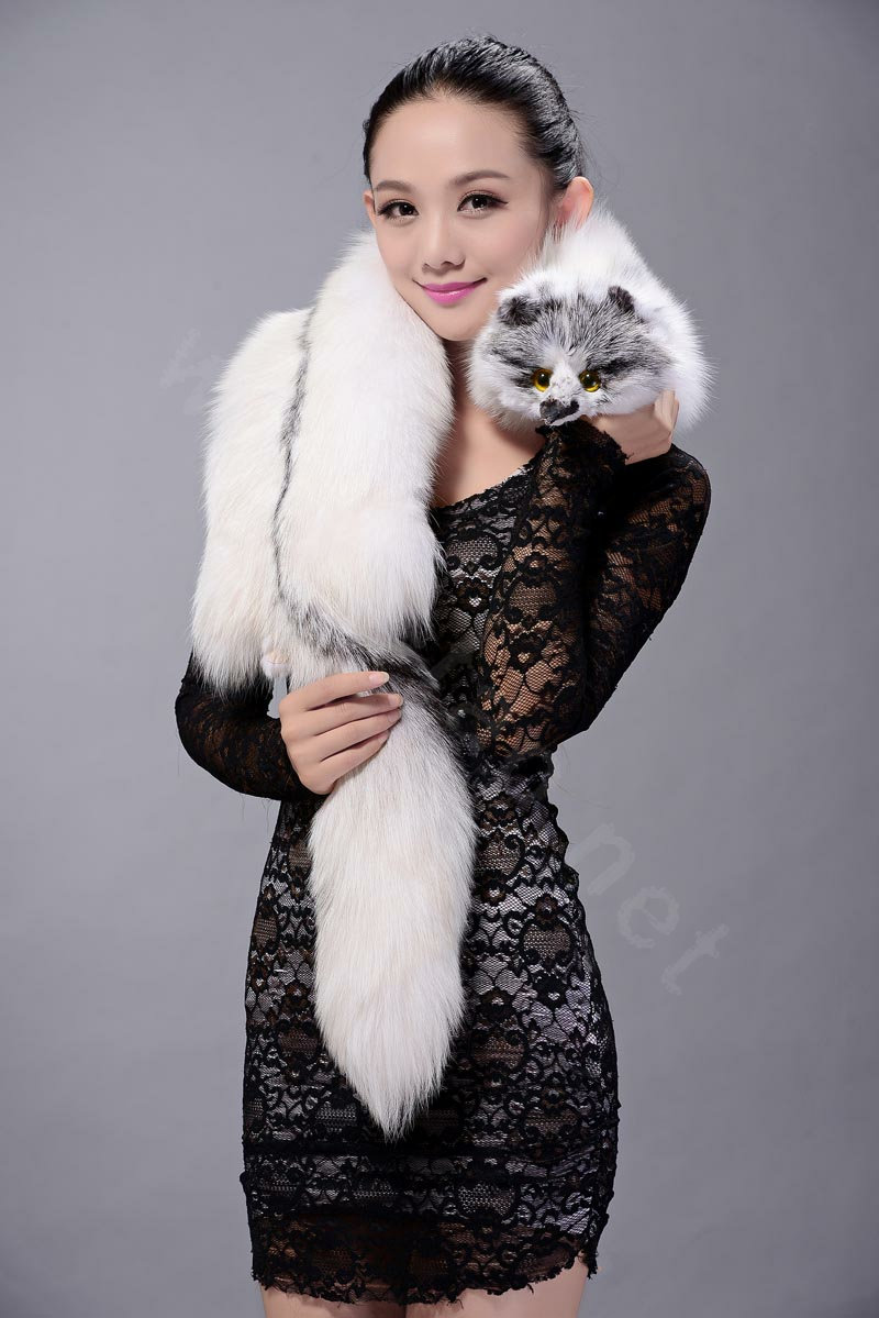Luxury fox fur scarf fashion Women Whole fox fur shawl winter warm tippet neck wrap - White black