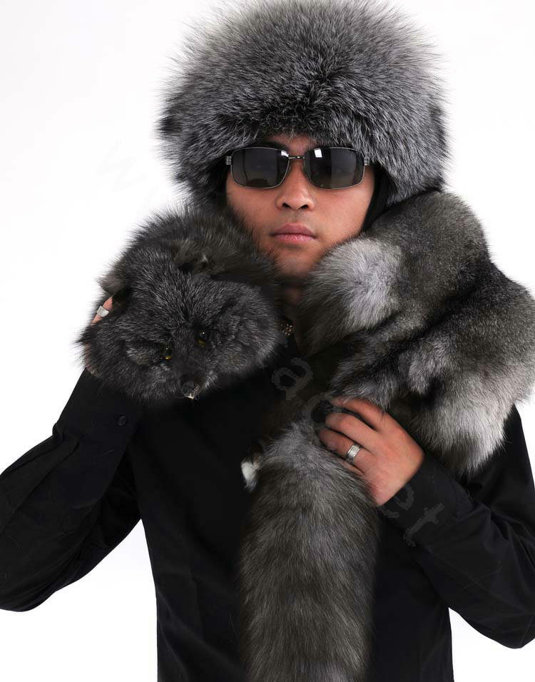 Luxury fox fur scarf fashion men Whole fox fur shawl winter warm tippet neck wrap - Silver blue