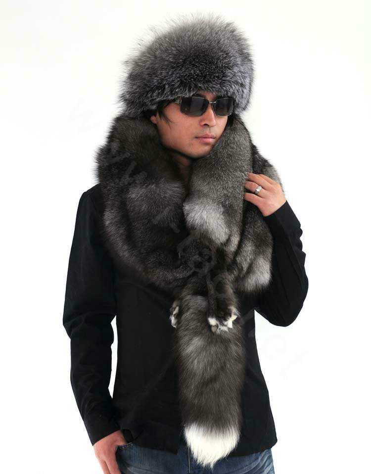 Luxury fox fur scarf fashion men Whole fox fur shawl winter warm tippet neck wrap - Silver blue