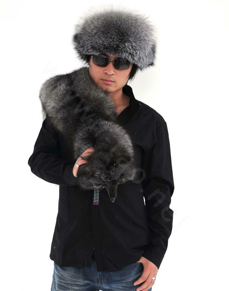 Luxury fox fur scarf fashion men Whole fox fur shawl winter warm tippet neck wrap - Silver blue