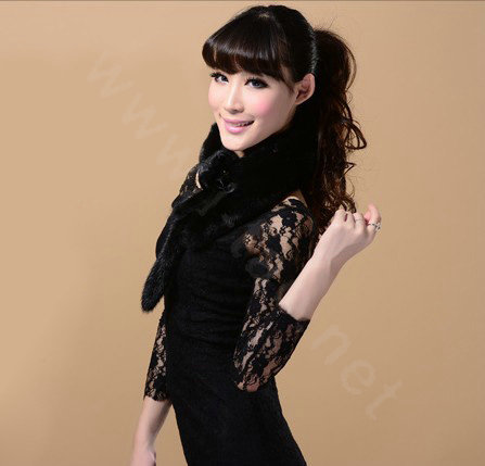 Mink fur scarf fashion Women Whole mink fur shawl winter warm tippet neck wrap - Black