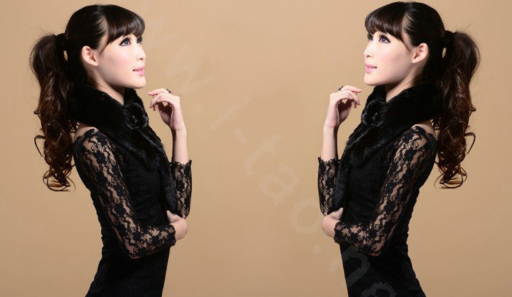 Mink fur scarf fashion Women Whole mink fur shawl winter warm tippet neck wrap - Black