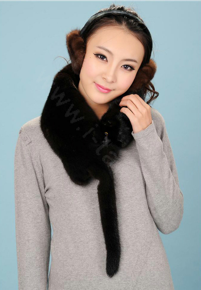 Mink fur scarf fashion Women Whole mink fur shawl winter warm tippet neck wrap - Black