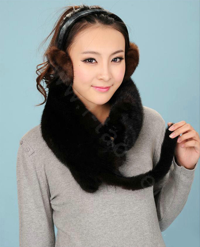 Mink fur scarf fashion Women Whole mink fur shawl winter warm tippet neck wrap - Black