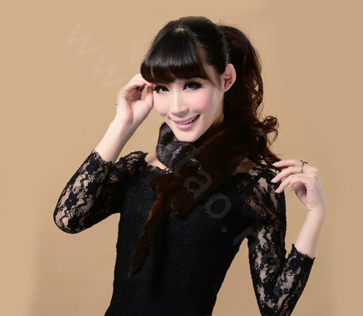 Mink fur scarf fashion Women Whole mink fur shawl winter warm tippet neck wrap - Coffee