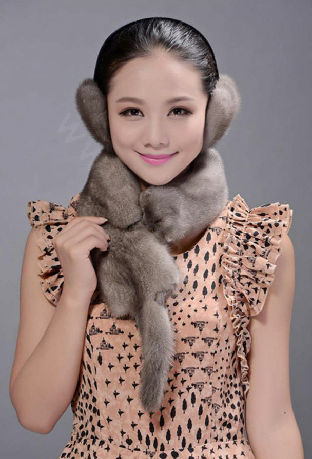 Mink fur scarf fashion Women Whole mink fur shawl winter warm tippet neck wrap - Grey