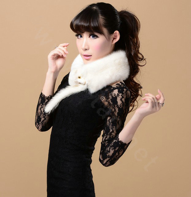 Mink fur scarf fashion Women Whole mink fur shawl winter warm tippet neck wrap - White