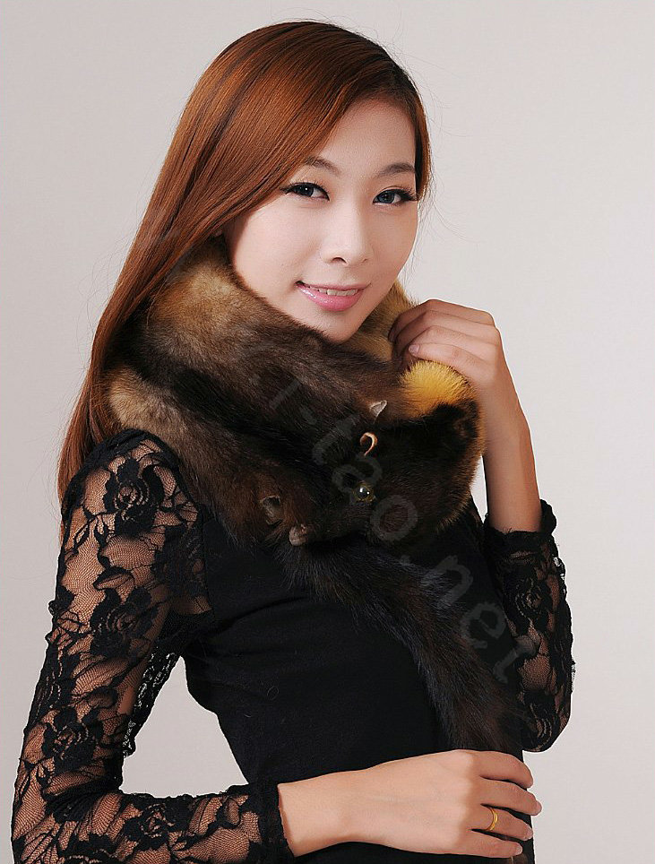 Mink fur scarf fashion Women Whole mink fur shawl winter warm tippet neck wrap - Yellow brown