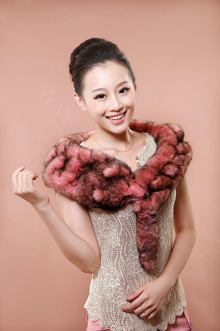 Rex rabbit fur scarf fashion women Imitation whole fox fur shawl warm tippet neck wrap - Pink
