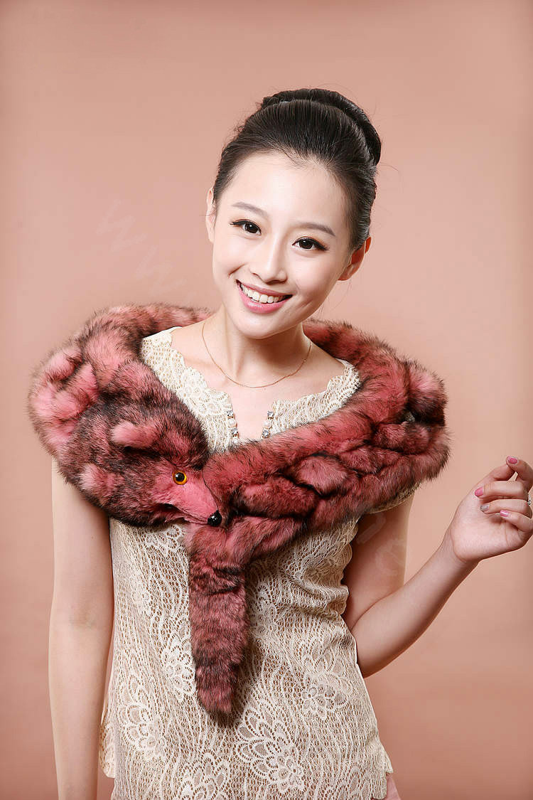 Rex rabbit fur scarf fashion women Imitation whole fox fur shawl warm tippet neck wrap - Pink