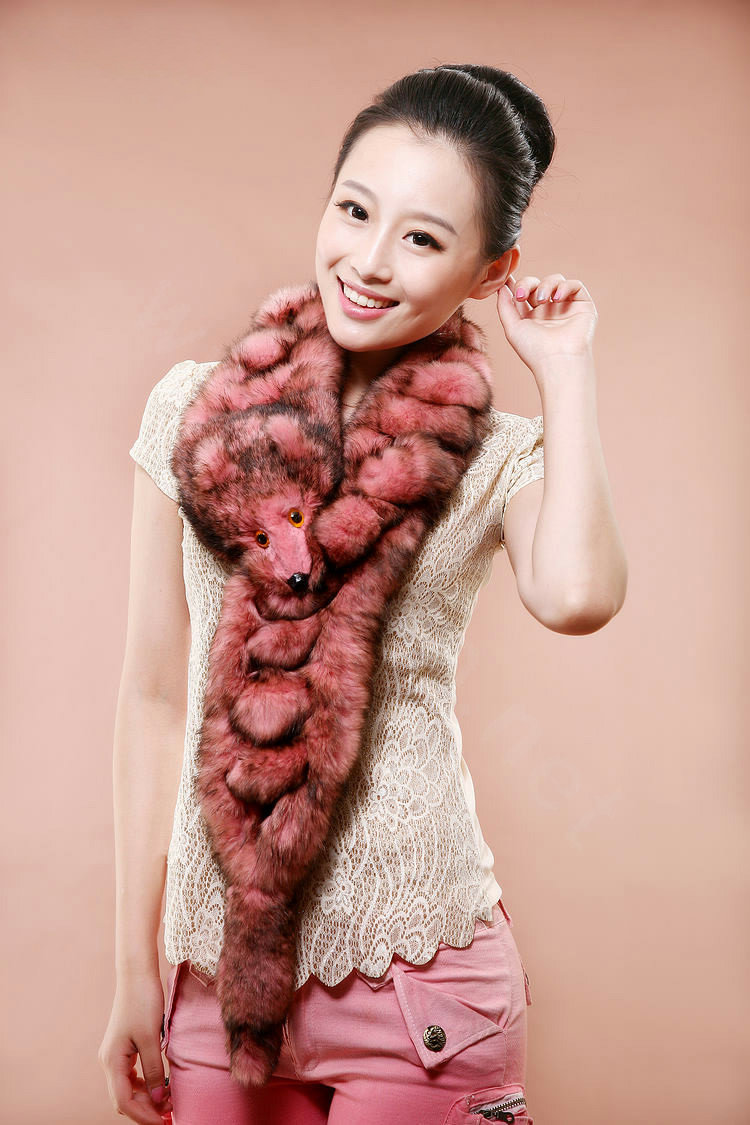 Rex rabbit fur scarf fashion women Imitation whole fox fur shawl warm tippet neck wrap - Pink