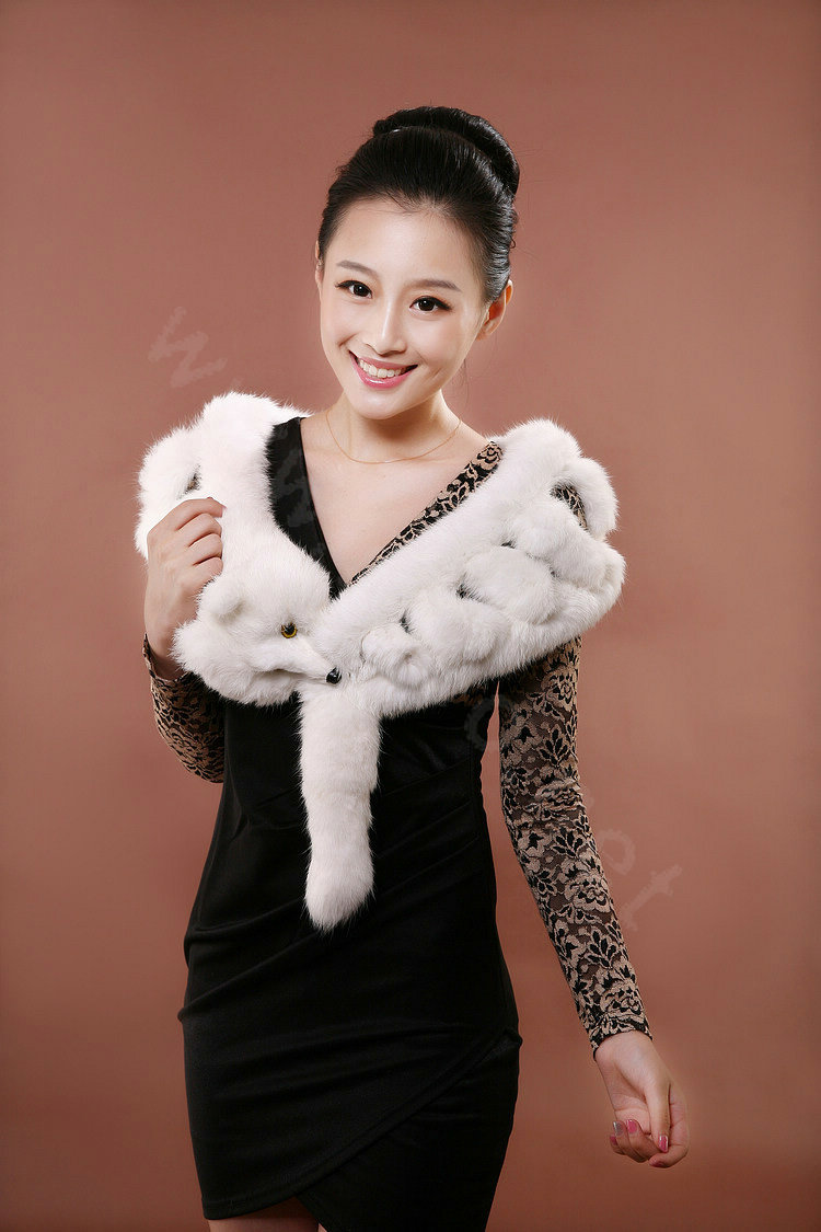 Rex rabbit fur scarf fashion women Imitation whole fox fur shawl warm tippet neck wrap - White