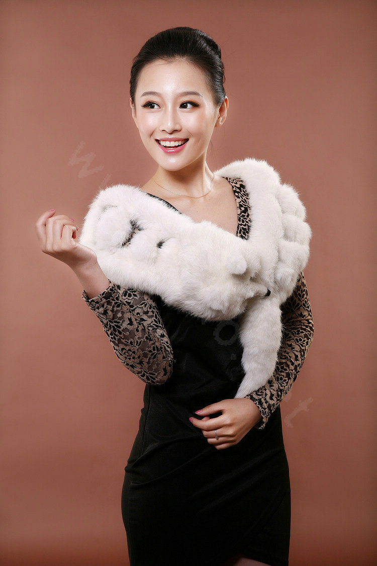 Rex rabbit fur scarf fashion women Imitation whole fox fur shawl warm tippet neck wrap - White