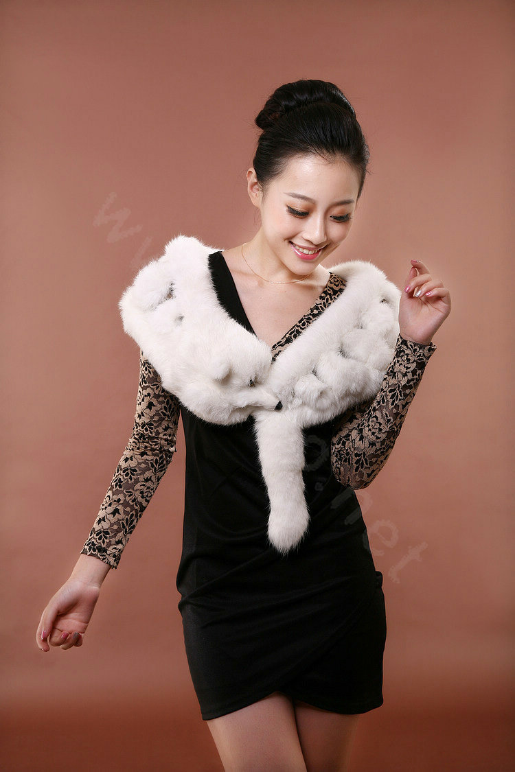 Rex rabbit fur scarf fashion women Imitation whole fox fur shawl warm tippet neck wrap - White