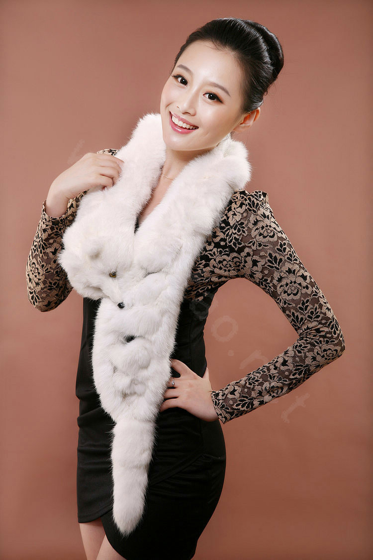 Rex rabbit fur scarf fashion women Imitation whole fox fur shawl warm tippet neck wrap - White