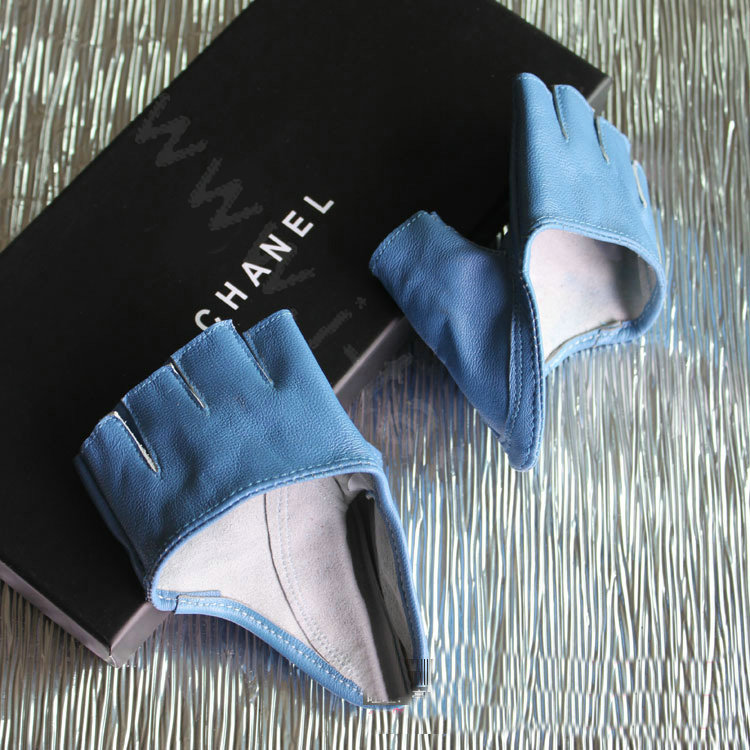 Women Genuine Leather Lambskin Runway Punk Rocker Biker Fingerless Half Short Gloves - Blue