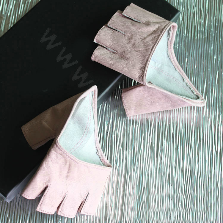 Women Genuine Leather Lambskin Runway Punk Rocker Biker Fingerless Half Short Gloves - Pink