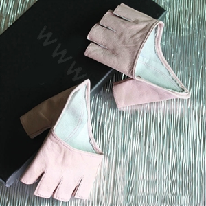 Women Genuine Leather Lambskin Runway Punk Rocker Biker Fingerless Half Short Gloves - Pink