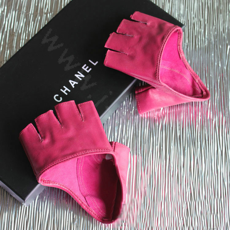 Women Genuine Leather Lambskin Runway Punk Rocker Biker Fingerless Half Short Gloves - Rose