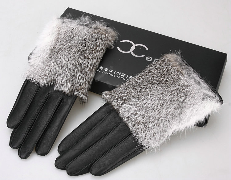 Women Rabbit fur Lambskin Winter Warm Genuine Sheepskin Leather Gloves Size M - Black