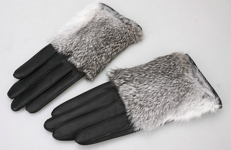 Women Rabbit fur Lambskin Winter Warm Genuine Sheepskin Leather Gloves Size M - Black