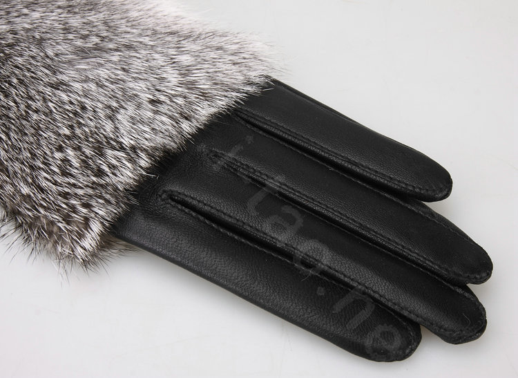 Women Rabbit fur Lambskin Winter Warm Genuine Sheepskin Leather Gloves Size M - Black