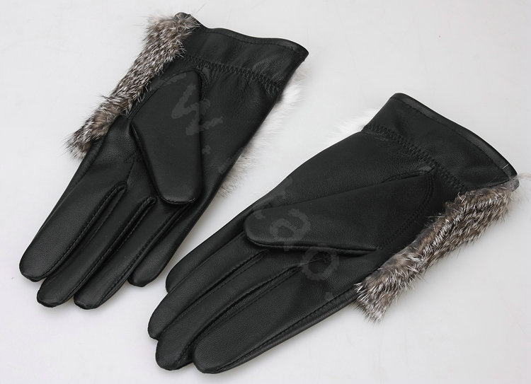 Women Rabbit fur Lambskin Winter Warm Genuine Sheepskin Leather Gloves Size M - Black