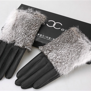 Women Rabbit fur Lambskin Winter Warm Genuine Sheepskin Leather Gloves Size M - Black