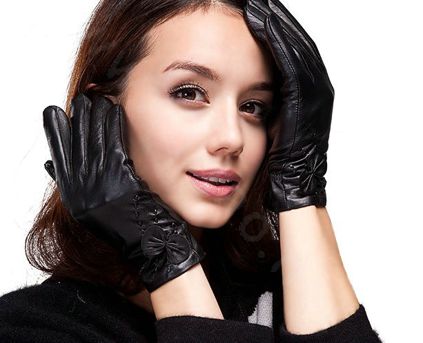 Women Winter Bowknot Genuine Soft Lambskin leather Gloves Warm Mittens Size M - Black