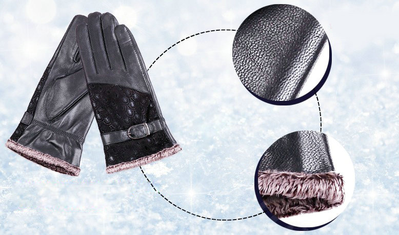 Women Winter Genuine leather Lambskin Fur Gloves Warm Lined Mittens Size XL - Black