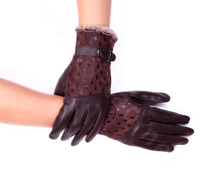 Women Winter Genuine leather Lambskin Fur Gloves Warm Lined Mittens Size XL - Coffee