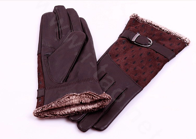 Women Winter Genuine leather Lambskin Fur Gloves Warm Lined Mittens Size XL - Coffee