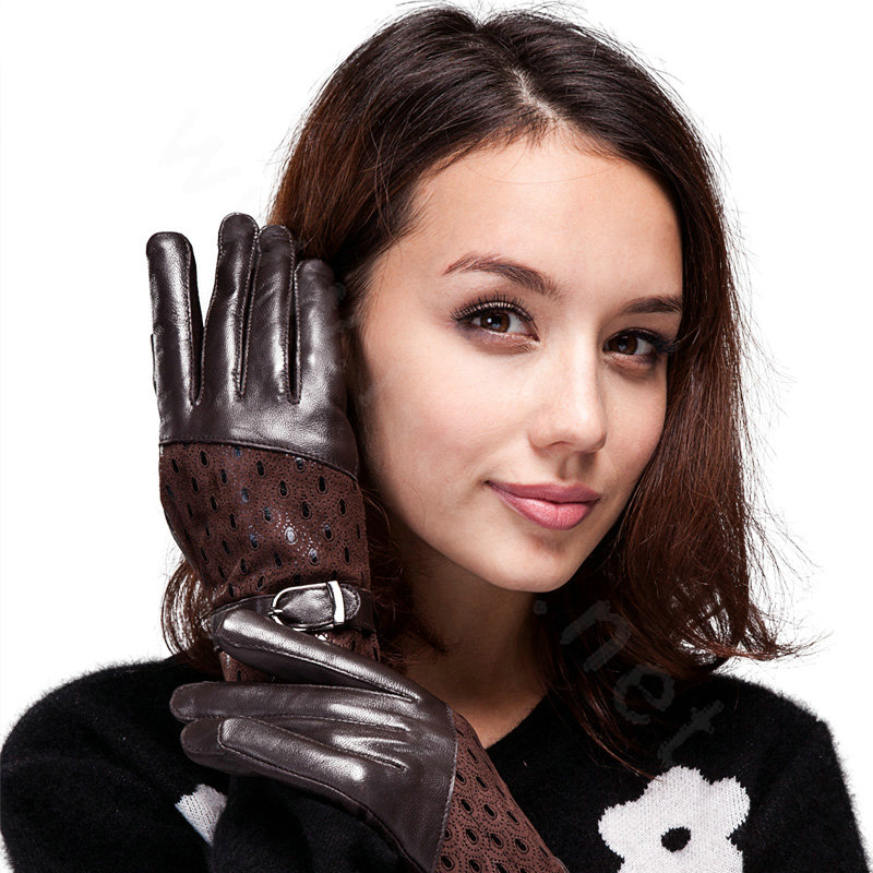 Women Winter Genuine leather Lambskin Fur Gloves Warm Lined Mittens Size XL - Coffee