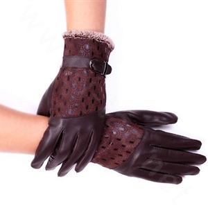 Women Winter Genuine leather Lambskin Fur Gloves Warm Lined Mittens Size L - Coffee