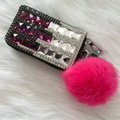 Bling Crystal Auto Key Bag Pocket Genuine Leather Car Key Case fur ball Key Chain - Purple