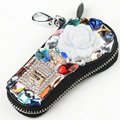 Flower Crystal Auto Key Bag Pocket Parfum bottle Genuine Leather Car Key Case Key Chain - Black