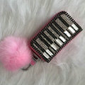 Piano Crystal Auto Key Bag Pocket Genuine Leather Car Key Case fur ball Key Chain - Pink