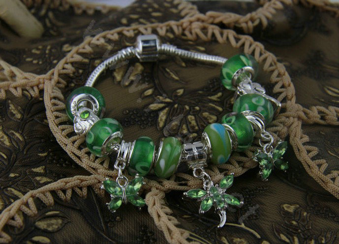 925 Silver Charm Bracelets for Women Butterfly Green Crystal Murano Glass Beads Jewelry