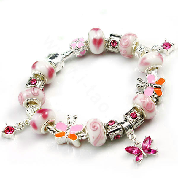 925 Silver Charm Bracelets for Women Butterfly Pink Crystal Murano Glass Beads Jewelry